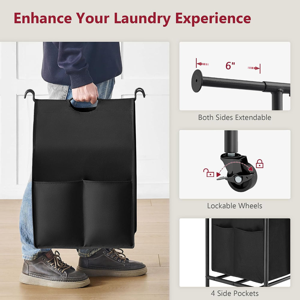 Tajsoon Laundry Sorter with Hanging Bar, 2 Bag laundry cart, Black & Gray