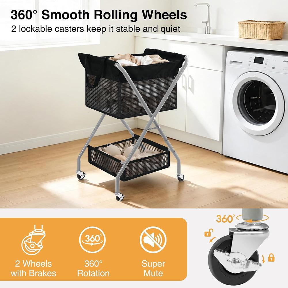 STO STO 2-Tier Foldable Laundry Cart with Wheels, 75L Tall Rolling Laundry Ha...