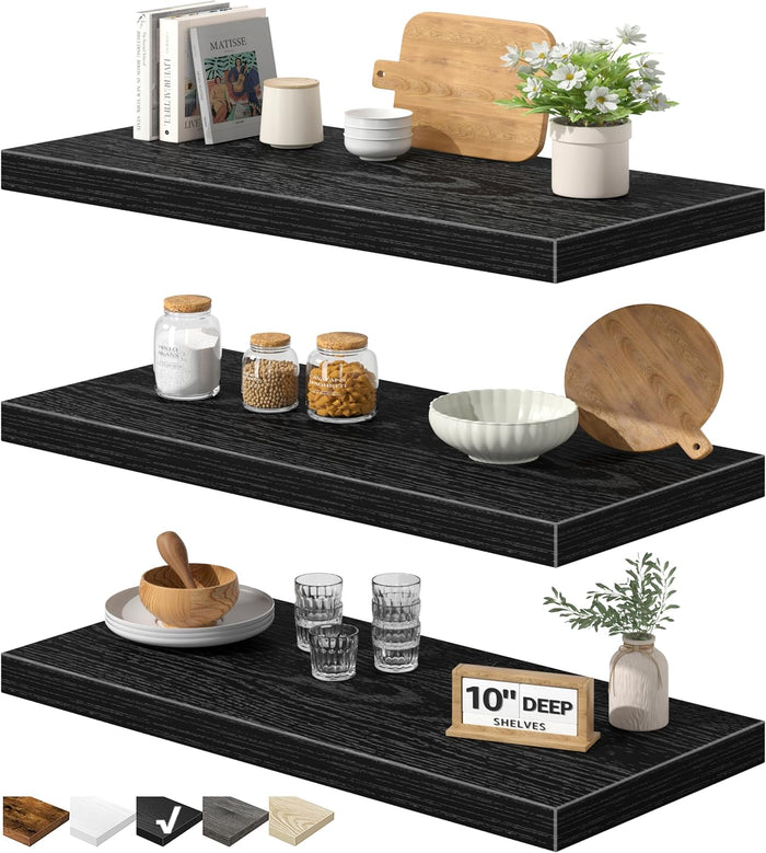QEEIG 10" Deep Floating Shelves for Wall (Black, Set of 3, 23.6" x 10")