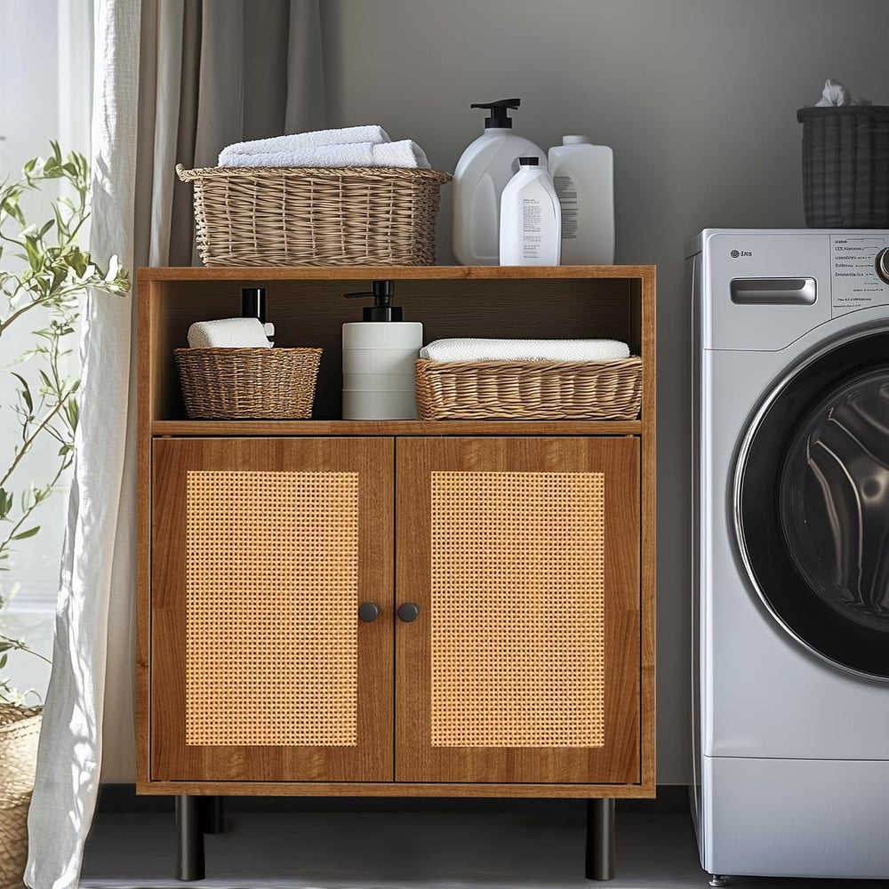 Rattan Storage Cabinet, Boho Accent Cabinet with Double Doors