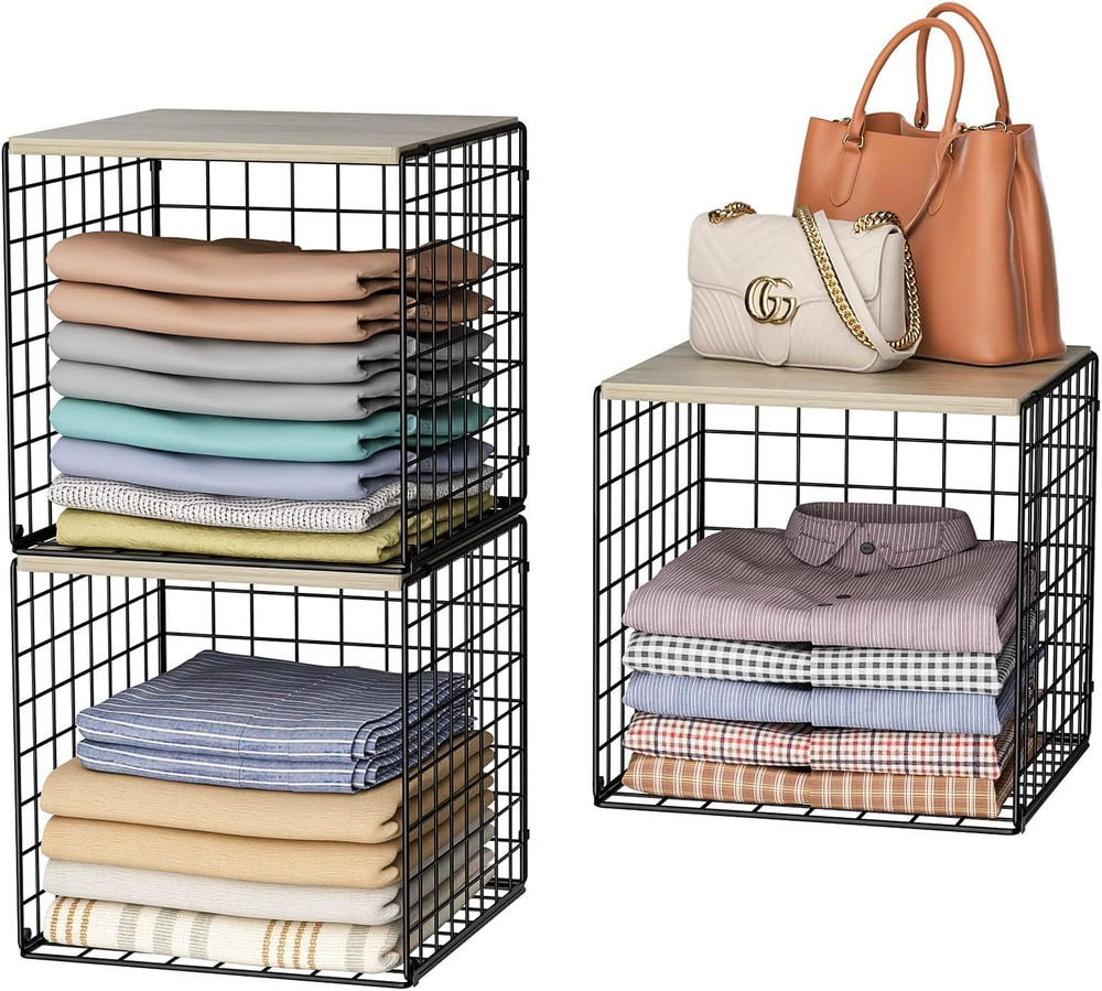3PCS Stackable Closet Organizers and Storage, Shelves with Wood Top Extra Sto...