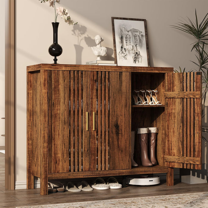 UNIQUITE Shoe Storage Cabinet with 3 Shutter Doors, 30 Pairs Shoe Cabinet with Adjustable Shelves, 5-Tier Large Shoe Rack Organizer for Entryway Hallway Living Room, Walnut