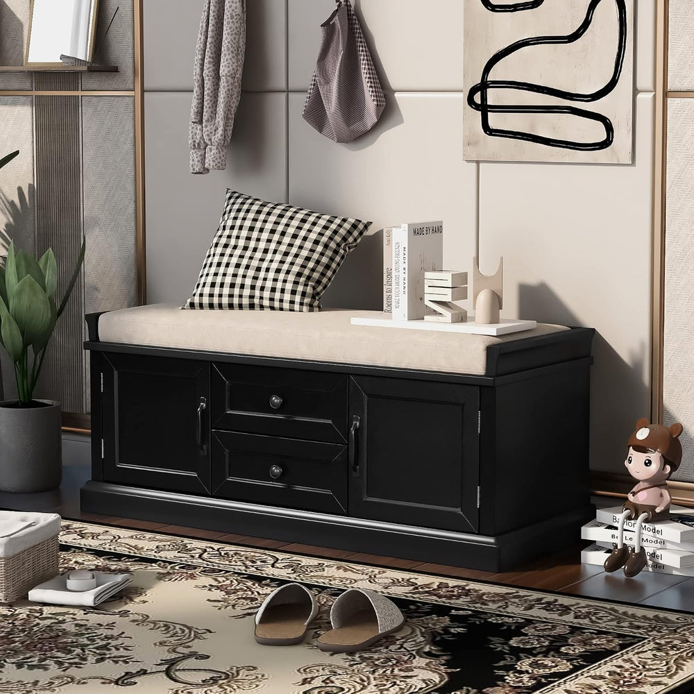 Knocbel 42.5" Storage Bench with Removable Cushion, 2 Drawers and 2 Cabi...