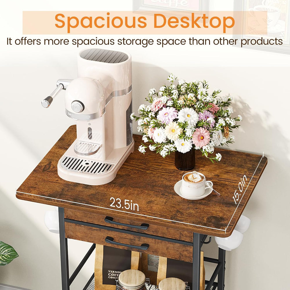Snughome 5 Tier Rolling Coffee Cart with 2 Large Drawers & Removable Divi...