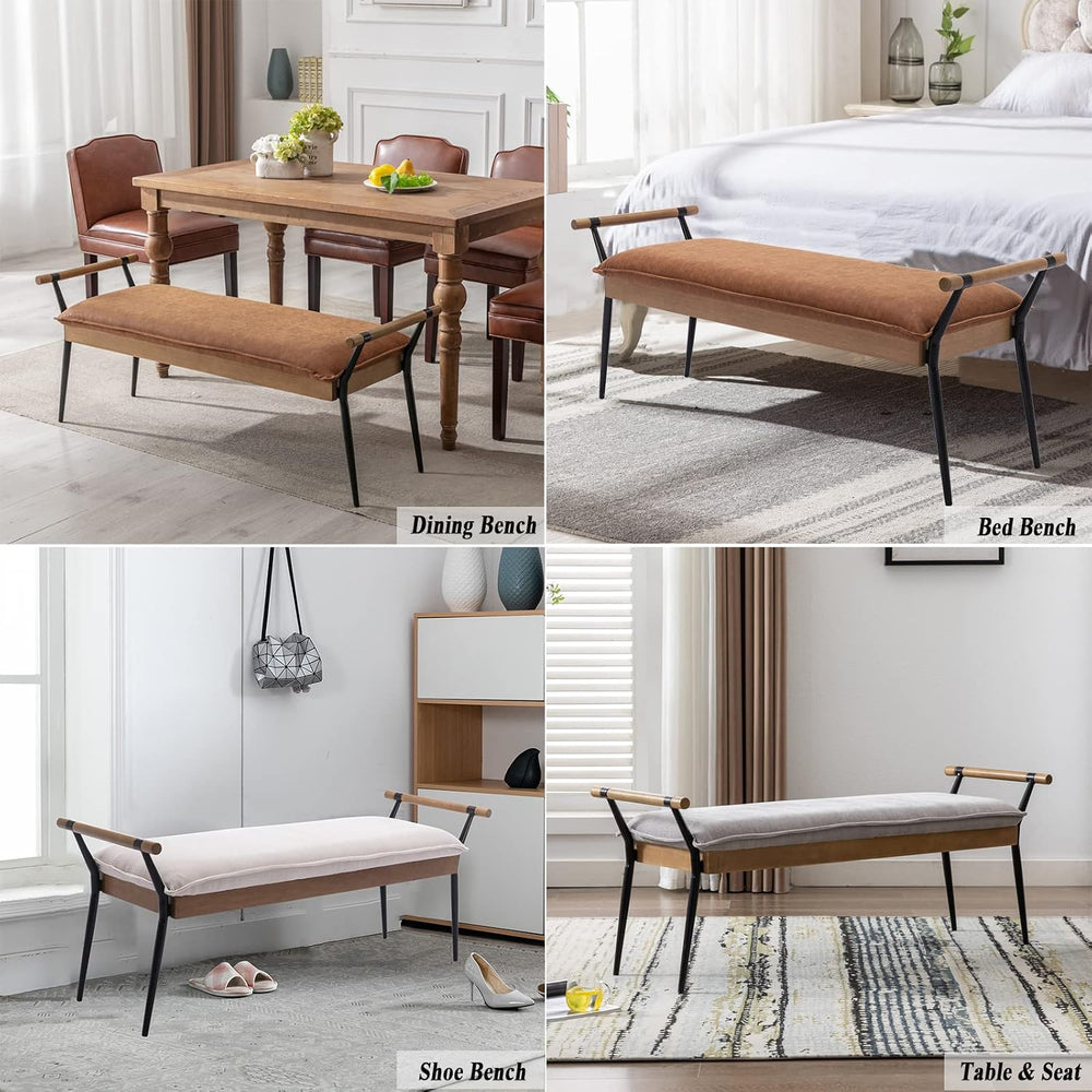 DUOMAY Modern Chenille Ottoman Bench with Arms & Metal Legs, White