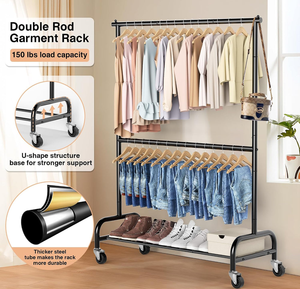 MISSLO Heavy Duty Clothing Racks for Hanging Clothes Rack Double Rod Garment ...