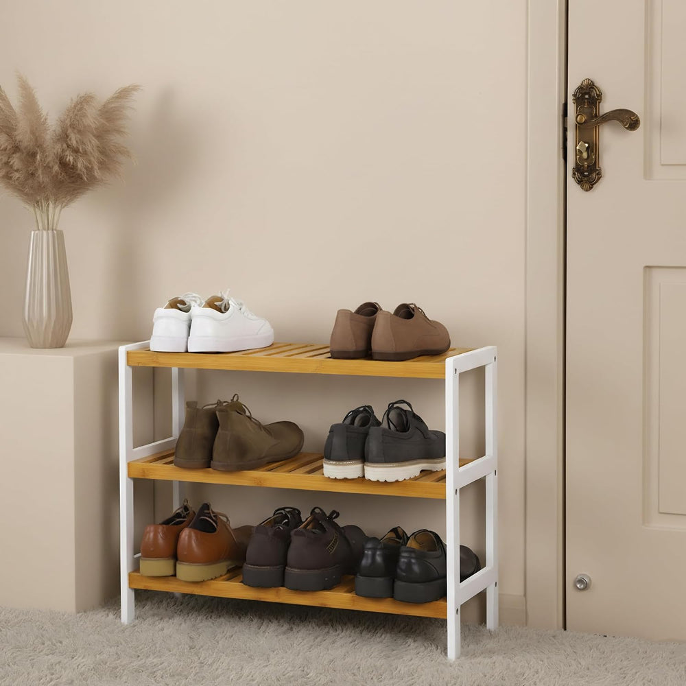 Relaxdays Shoe Rack, H 55 x W 70 x D 26 cm, Bamboo, 3 Levels, 9 Pairs of Shoe...