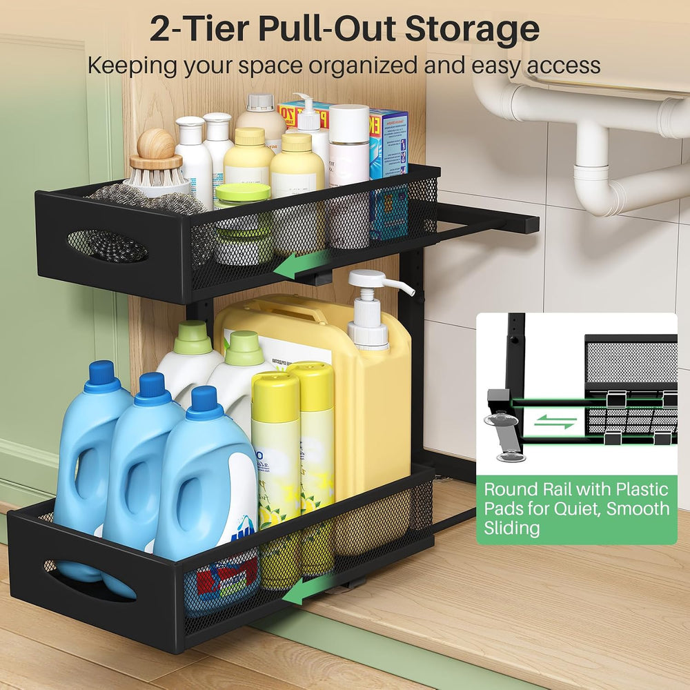 Under Sink Organizer, 2 Tier Pull out Cabinet Organizer Baskets with Mesh Sli...