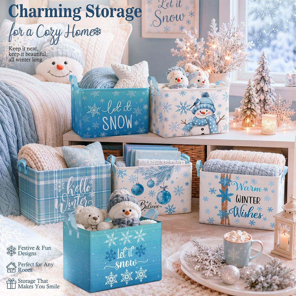 Bucherry 6 Pack Winter Storage Baskets, Snowflake Collapsible Canvas Bins