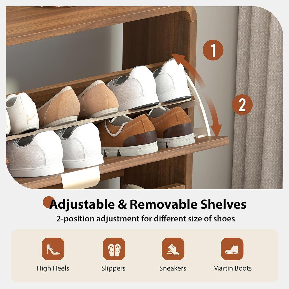 Curved Narrow Shoe Storage Cabinet for Entryway with 2 Flip Drawers, Wood Sho...