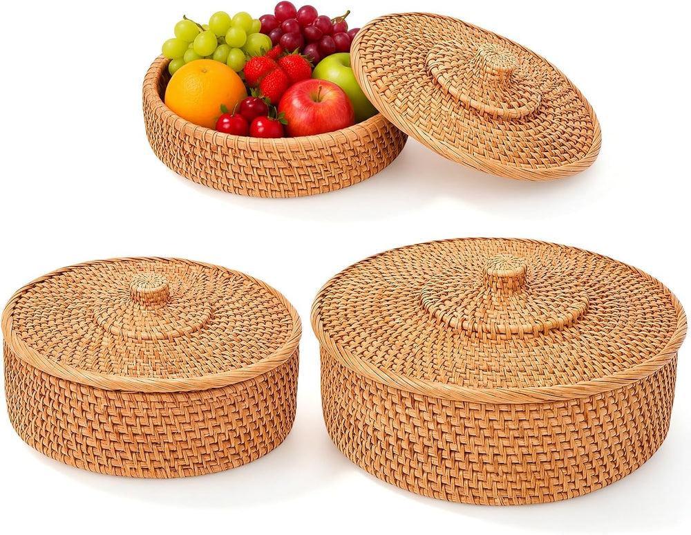 Newtay 3 Pack Rattan Basket with Lid, Round Wicker Storage Basket Woven Box R...