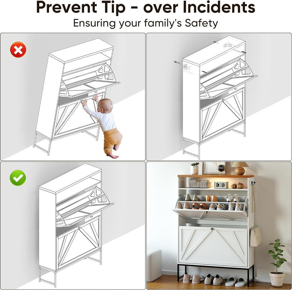 Shoe Storage Cabinet with 2 Flip-Up Doors, Freestanding Hidden Shoe Storage O...