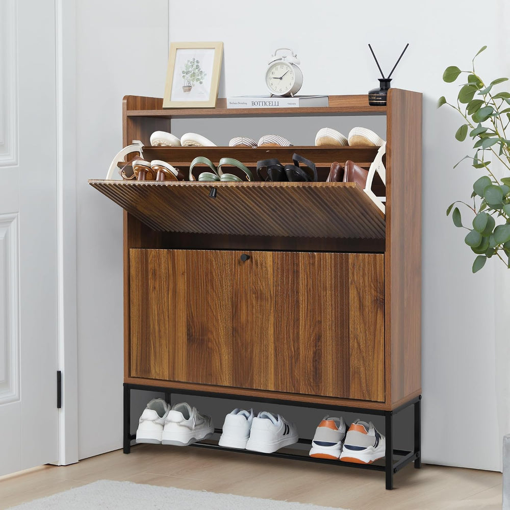 RARZOE Fluted Shoe Cabinet for Entryway with 2 Flip Drawers, Narrow Wood Shoe...