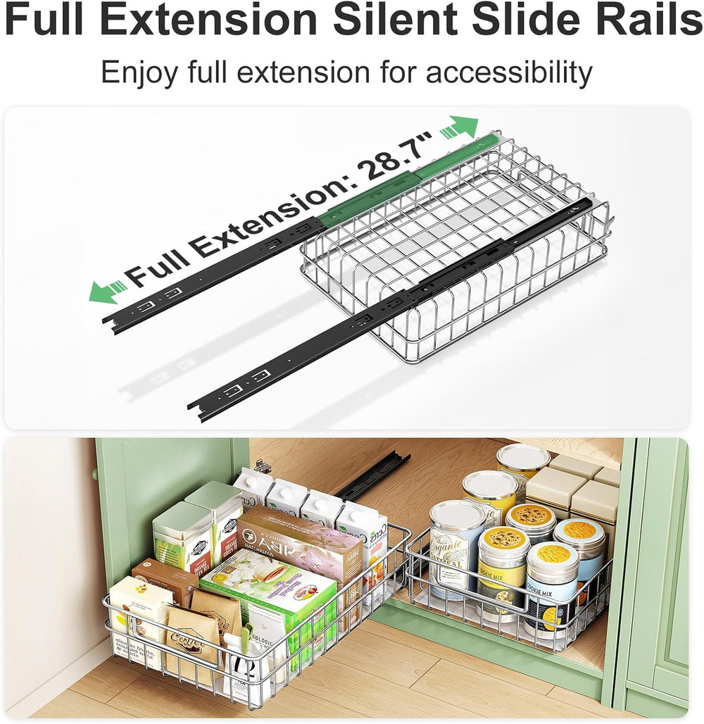 Pull out Cabinet Organizer, Stainless Steel 2-Pack Slide out Drawer with Sile...