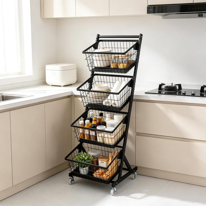 4-Tier Kitchen Storage Cart with 4 Baskets and Wheels, Black
