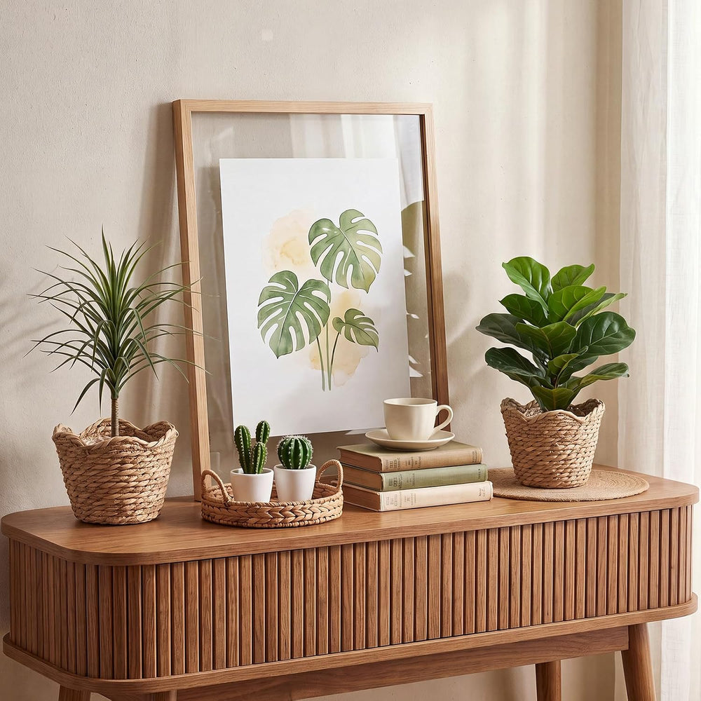 4 Pack Seagrass Woven Plant Basket with Waterproof Plastic Liner, Wicker Stra...