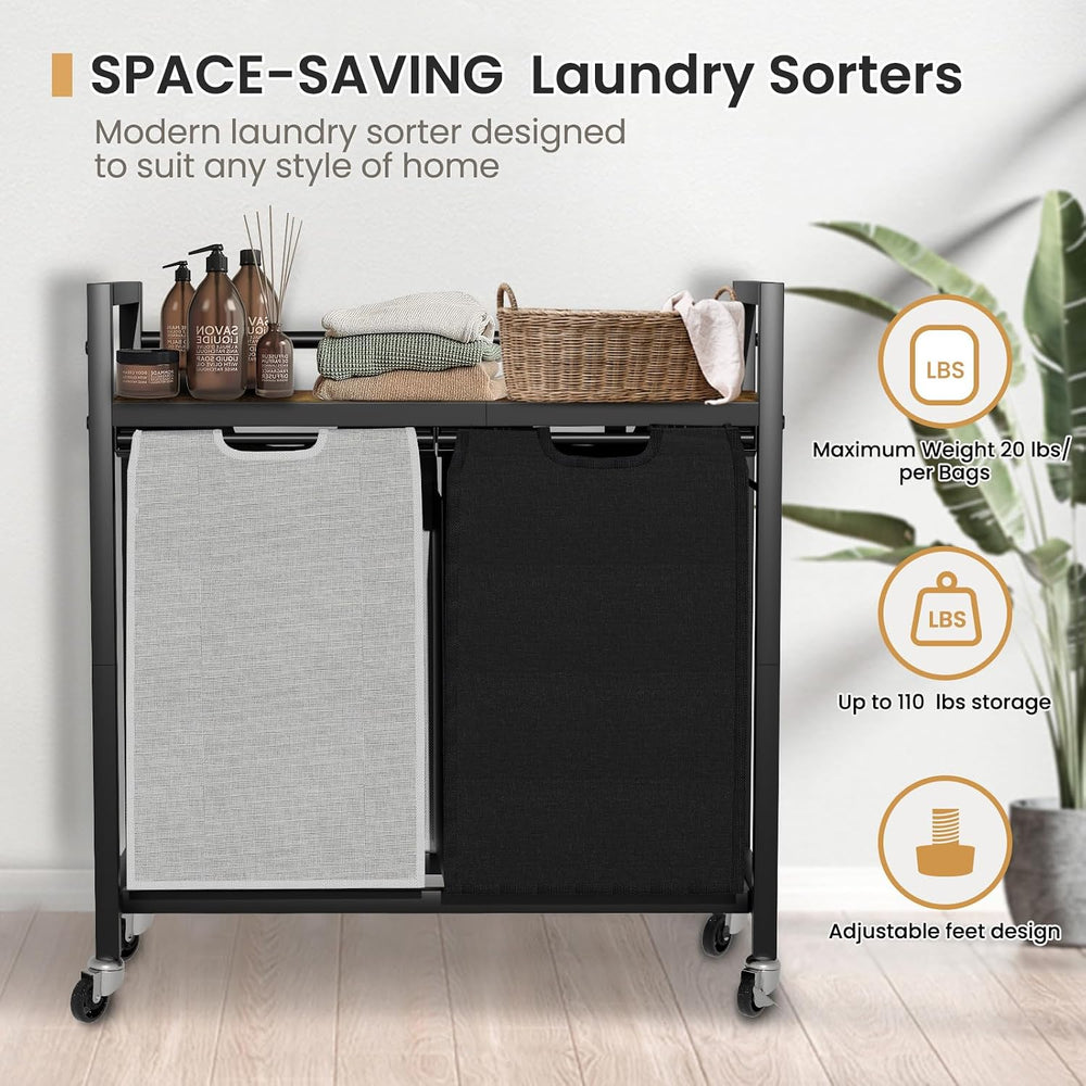 SwaaVee Laundry Sorter, Laundry Hamper with Wooden Top Shelf, 2×14.5Gal(110L)...