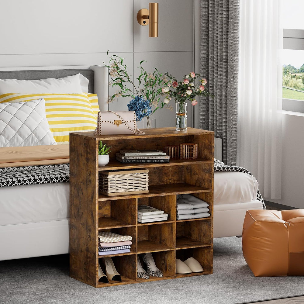 9-Cubby Shoe Rack, Wood Shoe Organizer Bench for Entryway Hallway Closet