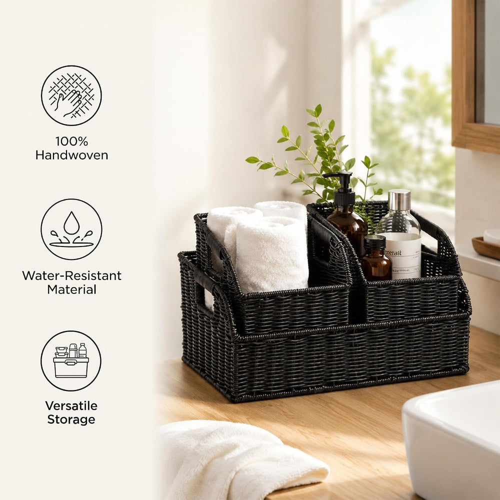 Brownlily Faux Wicker Pantry Storage Baskets, Black-Single Set (3-Piece)