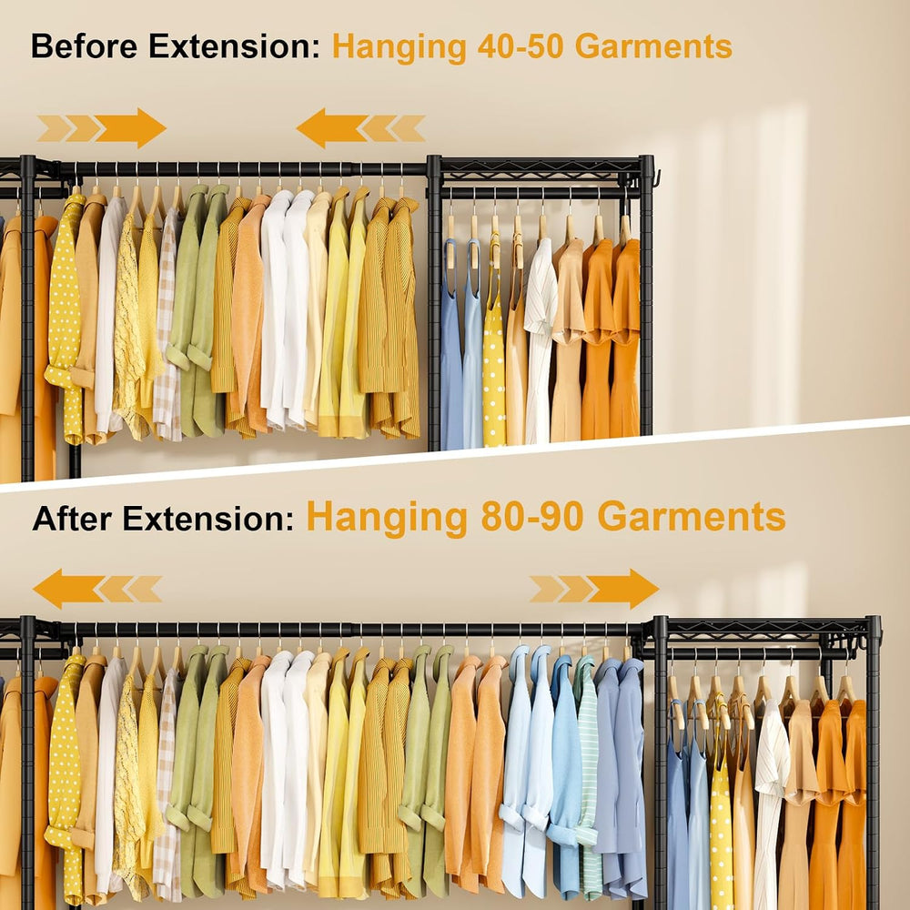 ULIFHOME E17 Heavy-Duty Clothes Rack with 2 Expandable Hanging Rods, Black