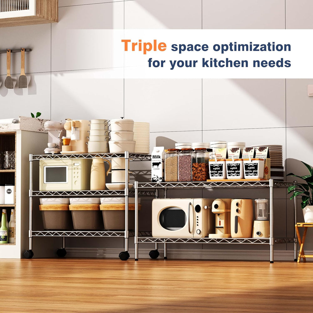 3-Tier Wire Shelf Rack,Kitchen Metal 3-Shelves Rack with Lockable Wheels