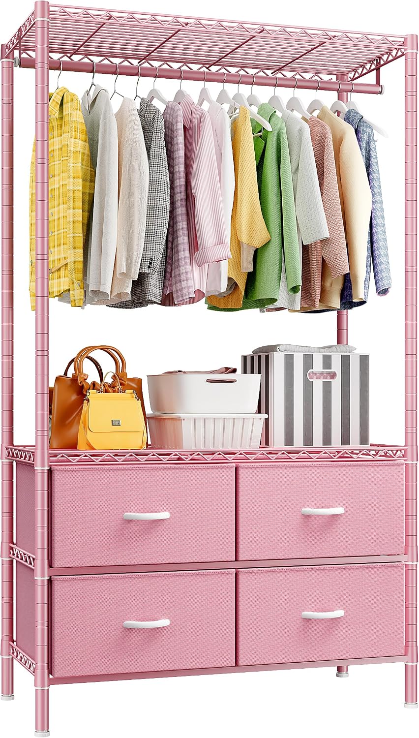 Raybee Clothes Rack, Portable Closet for Bedroom, Dorm, 4 Drawers, Pink