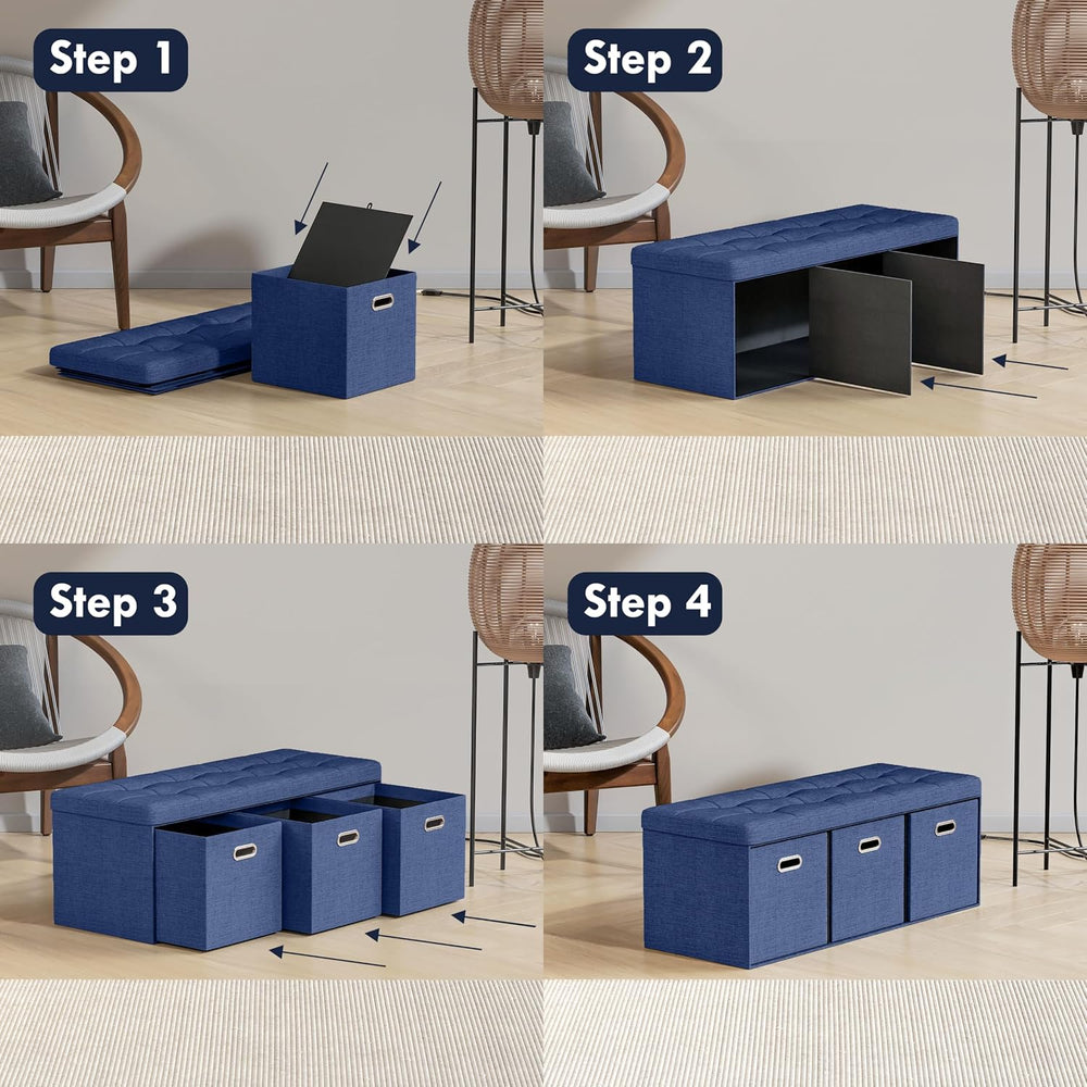 Ornavo Home 40 Inch Storage Ottoman with 3 Drawers, Tufted Linen, Navy Blue