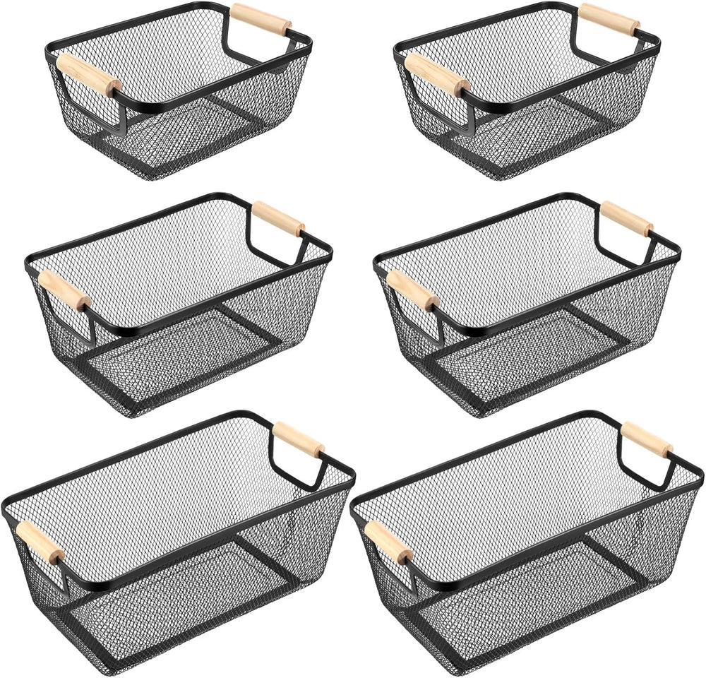 Maxcheck 6 Pack 3 Size Metal Wire Baskets with Wood Handles, Black