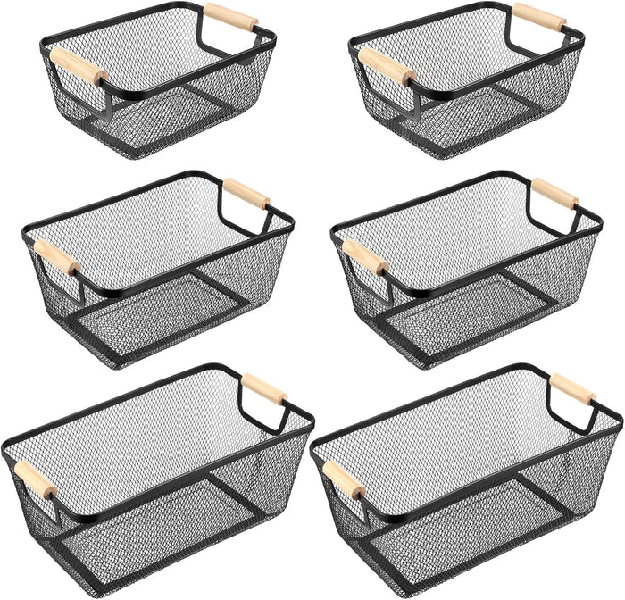 Maxcheck 6 Pack 3 Size Metal Wire Baskets with Wood Handles, Black