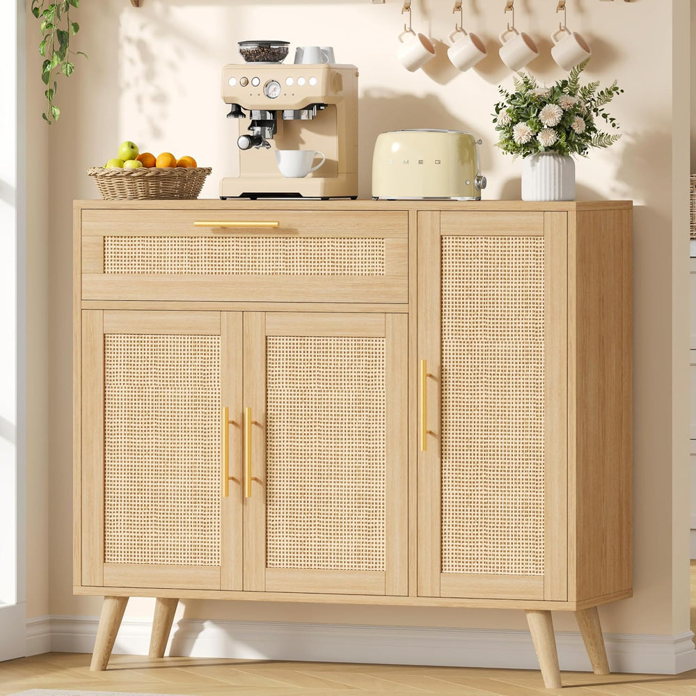 Kitchen Buffet Cabinet with 3 Doors, Rattan Storage Cabinet