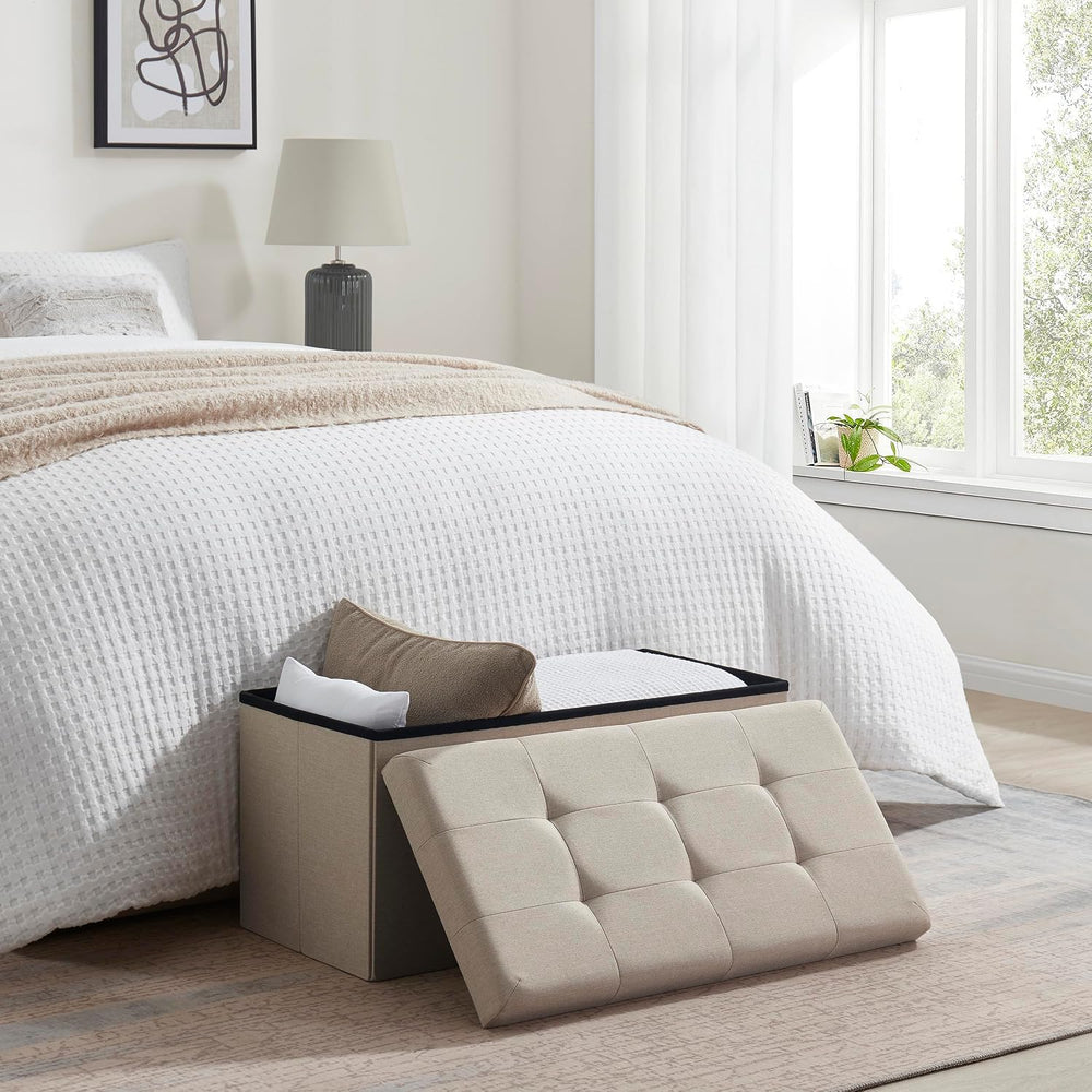 Ornavo Home 30 Inch Folding Storage Ottoman Bench, Tufted Linen, Beige