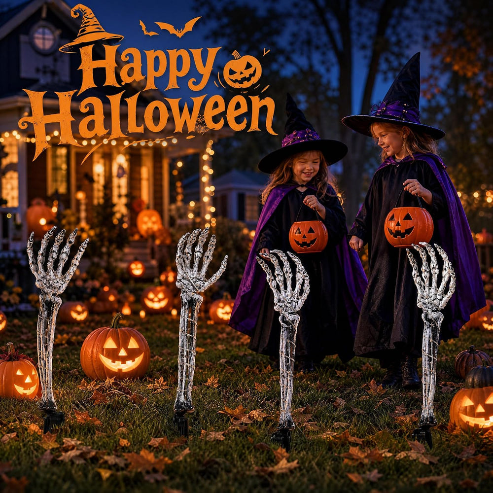 Halloween Skeleton Arm Stakes 4‑Pack, 160 White LED Battery‑Powered Lights