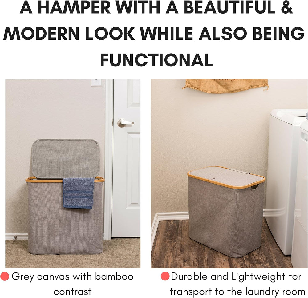 BirdRock Home Bamboo & Canvas Hamper | Single Laundry Basket with Lid | F...