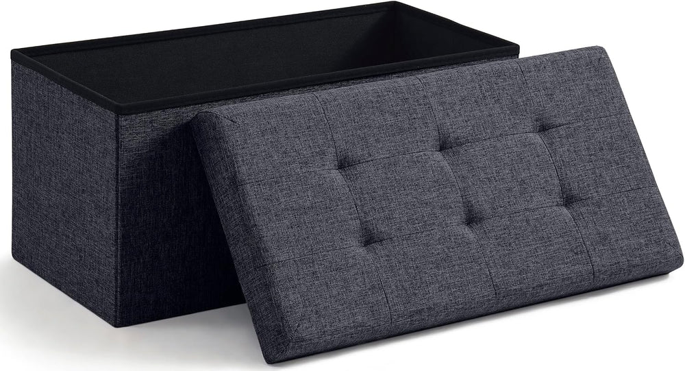 Ornavo Home 30 Inch Folding Storage Ottoman Bench, Tufted Linen, Black