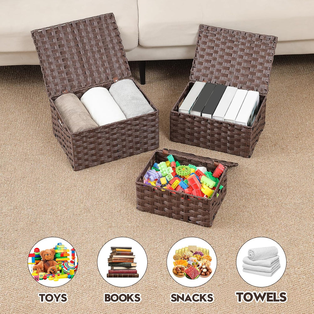 Woven Storage Bins With Lids Shelf Baskets Wicker Organizing Rattan Boxes Han...