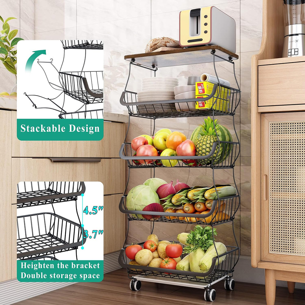 SAYZH 5-Tier Fruit and Vegetable Basket Stand for Kitchen, Wood Top, Black