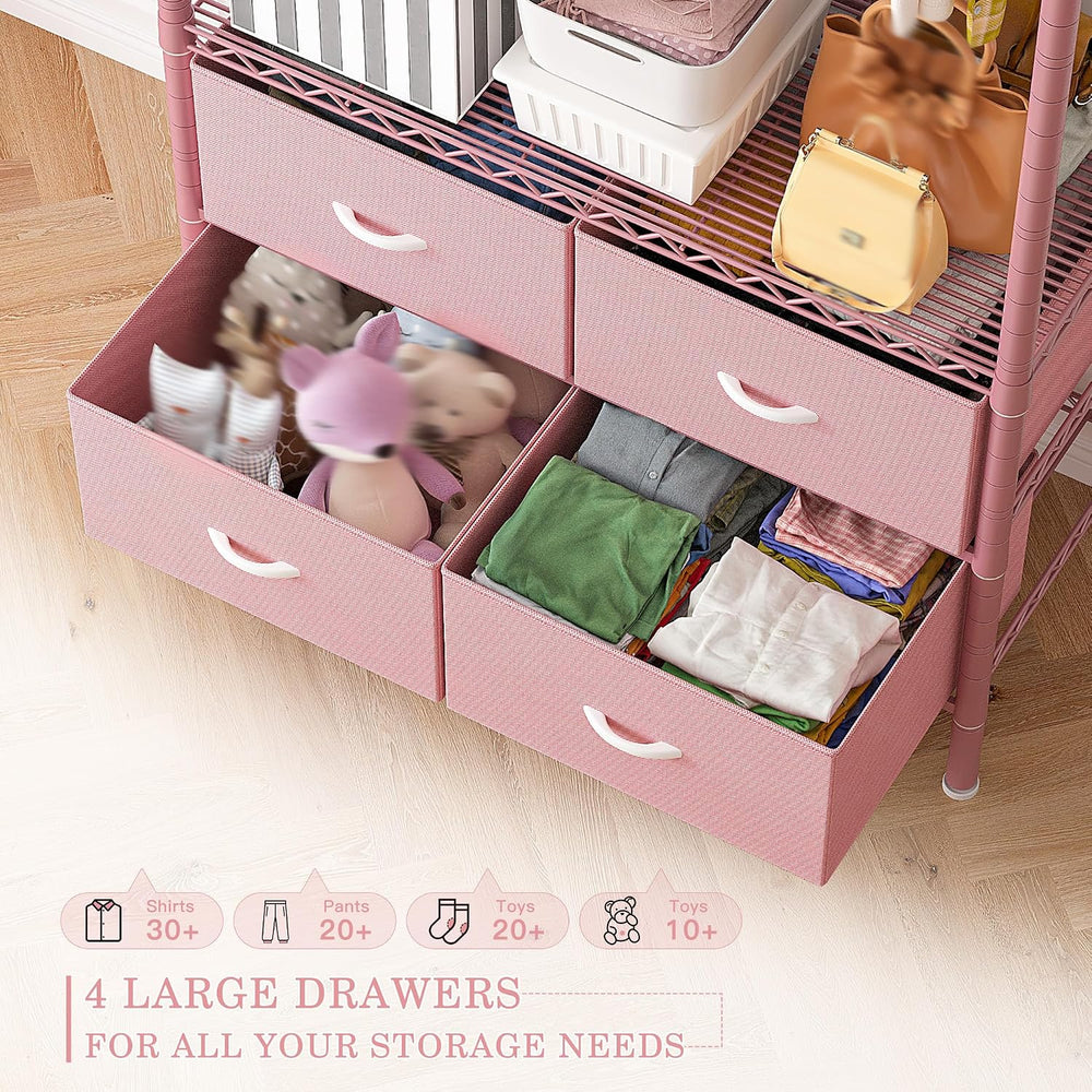 Raybee Clothes Rack, Portable Closet for Bedroom, Dorm, 4 Drawers, Pink