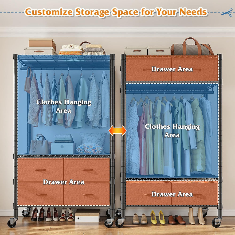 Raybee Rolling Clothes Rack, Portable Closet, 4 Drawers 4 Shelves, 450LBS