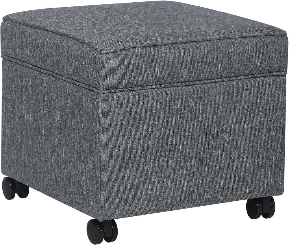 Adeco 17.5" Square Fabric Ottoman with Storage, Upholstered Cotton Linen...