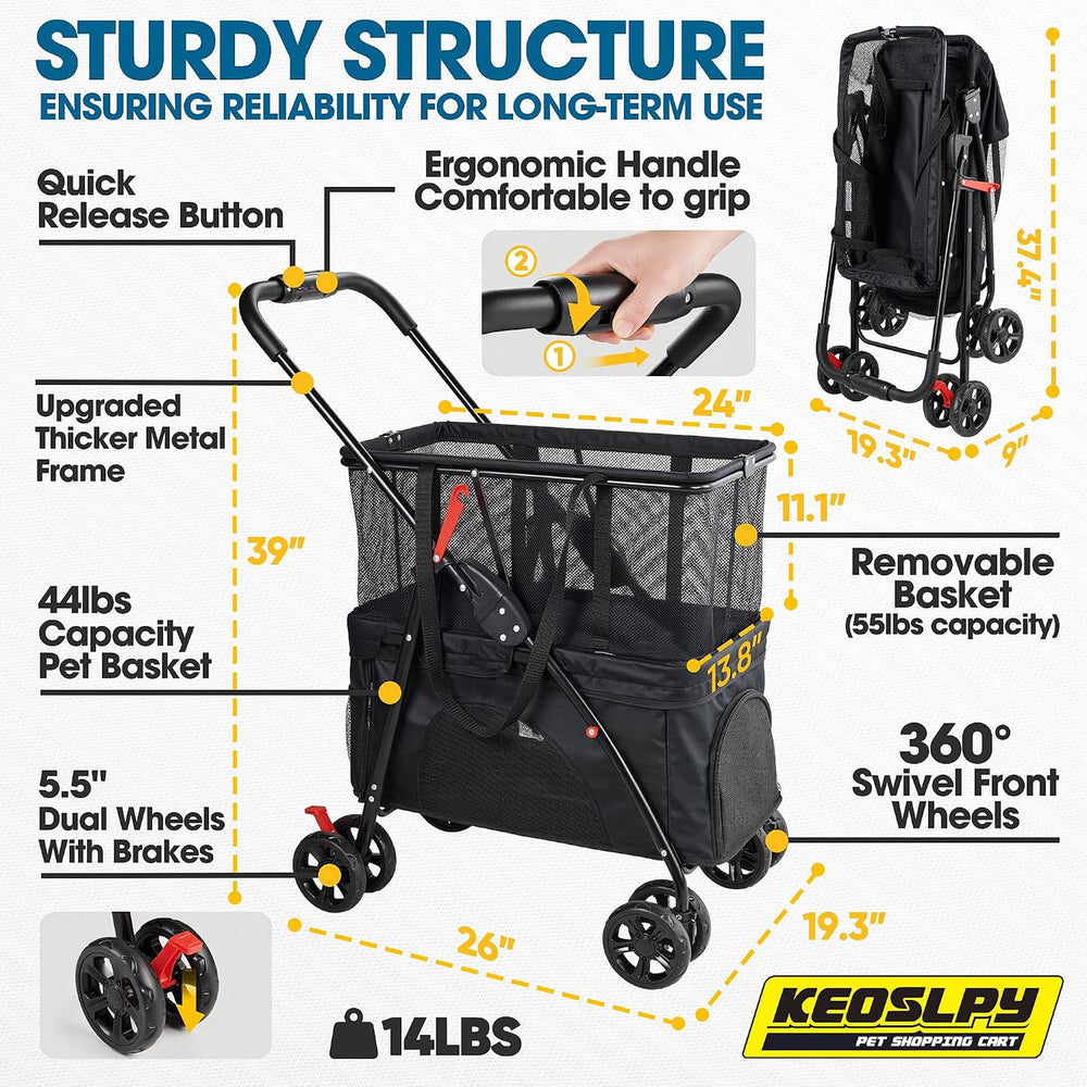 Folding Shopping Cart & Pet Stroller 99 LB, 130L Large Grocery Cart