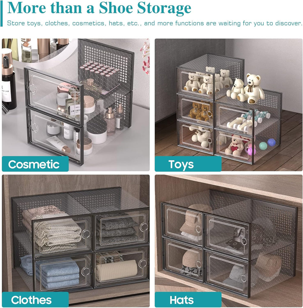 Kuject 12 Pack Large Shoe Boxes, Clear Stackable Containers with Lids,Black