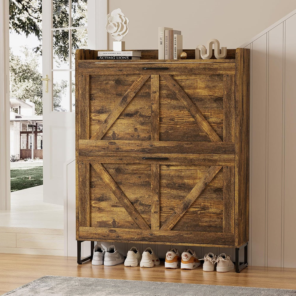 EOYUTLLY Shoe Cabinet for Entryway with 2 Flip Drawers,Narrow Wooden Shoe Sto...