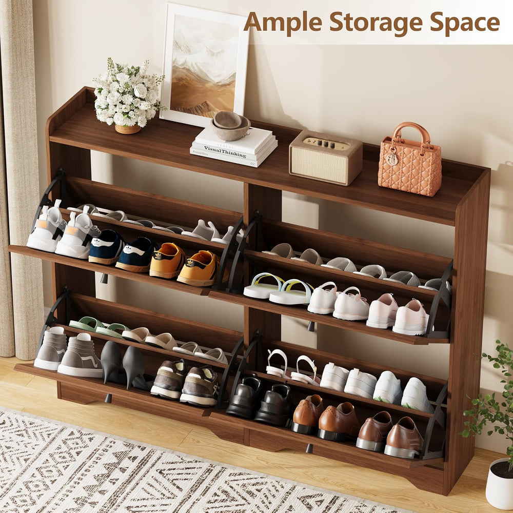 BORNOON Wide Shoe Storage Cabinet with 4 Flip Drawers and Modern Wave-Edge Fl...
