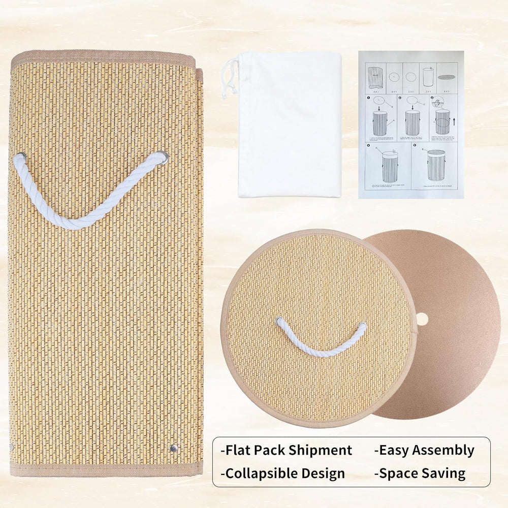 2 Pack Foldable Bamboo Laundry Hamper with Lid, Tall Storage Basket