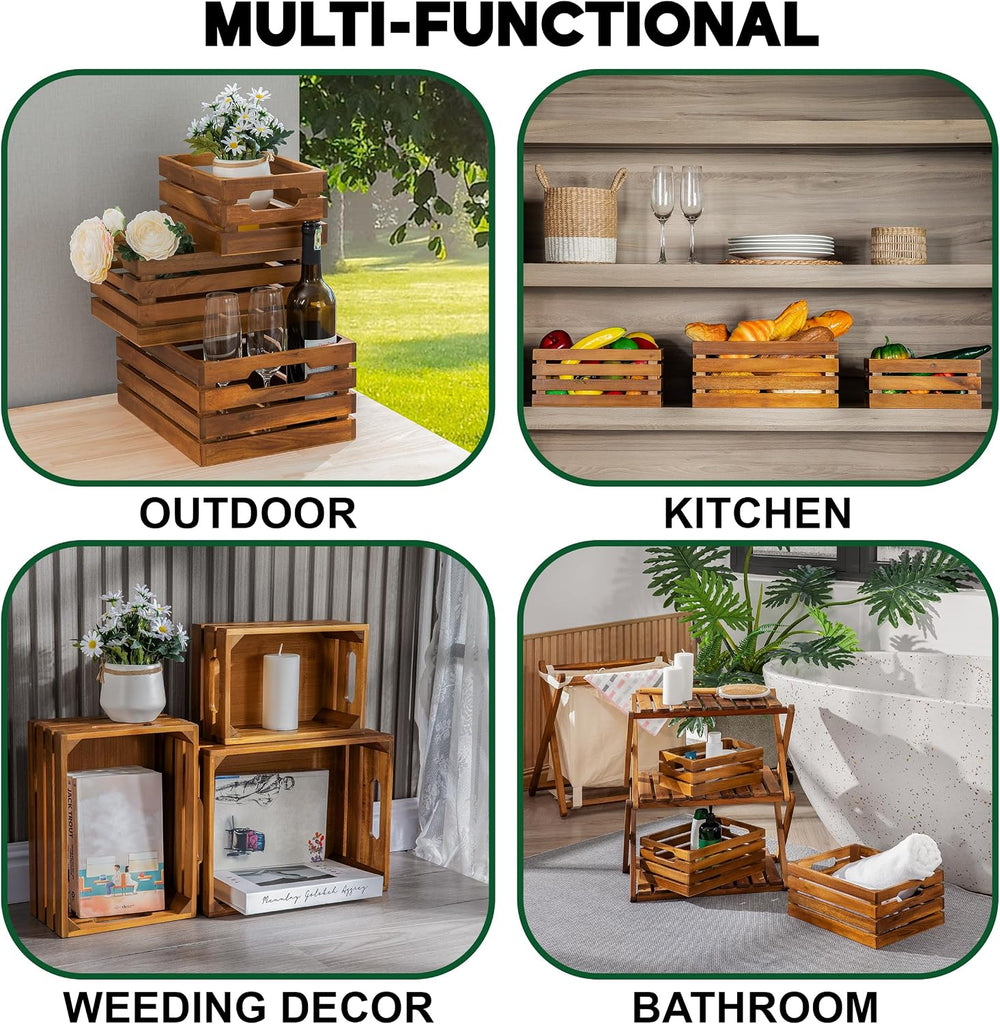 VICTORY RELAX Nesting Wood Storage Crates (Set of 3) - Natural Acacia Wood St...