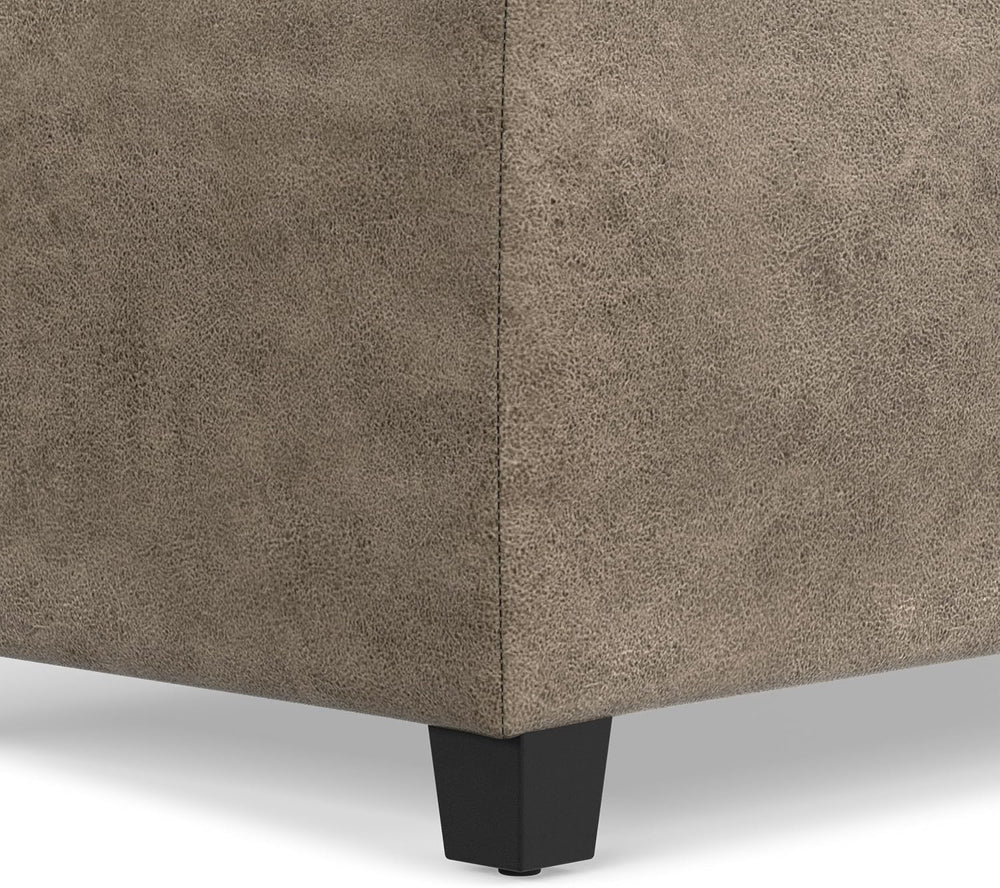 SIMPLIHOME Avalon 48" Wide Vegan Leather Storage Ottoman in Grey Brown