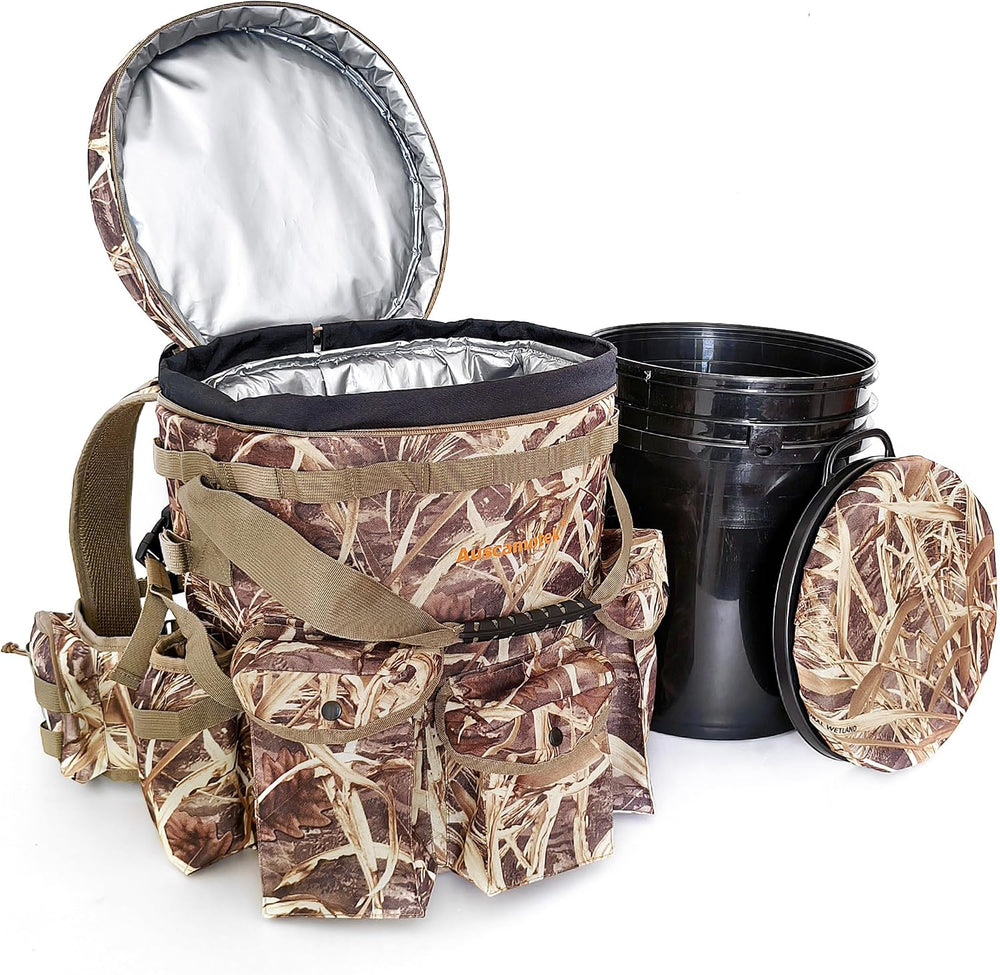AUSCAMOTEK Insulated Bucket Backpack with 360° Swivel Lid – Camo Cooler Backp...