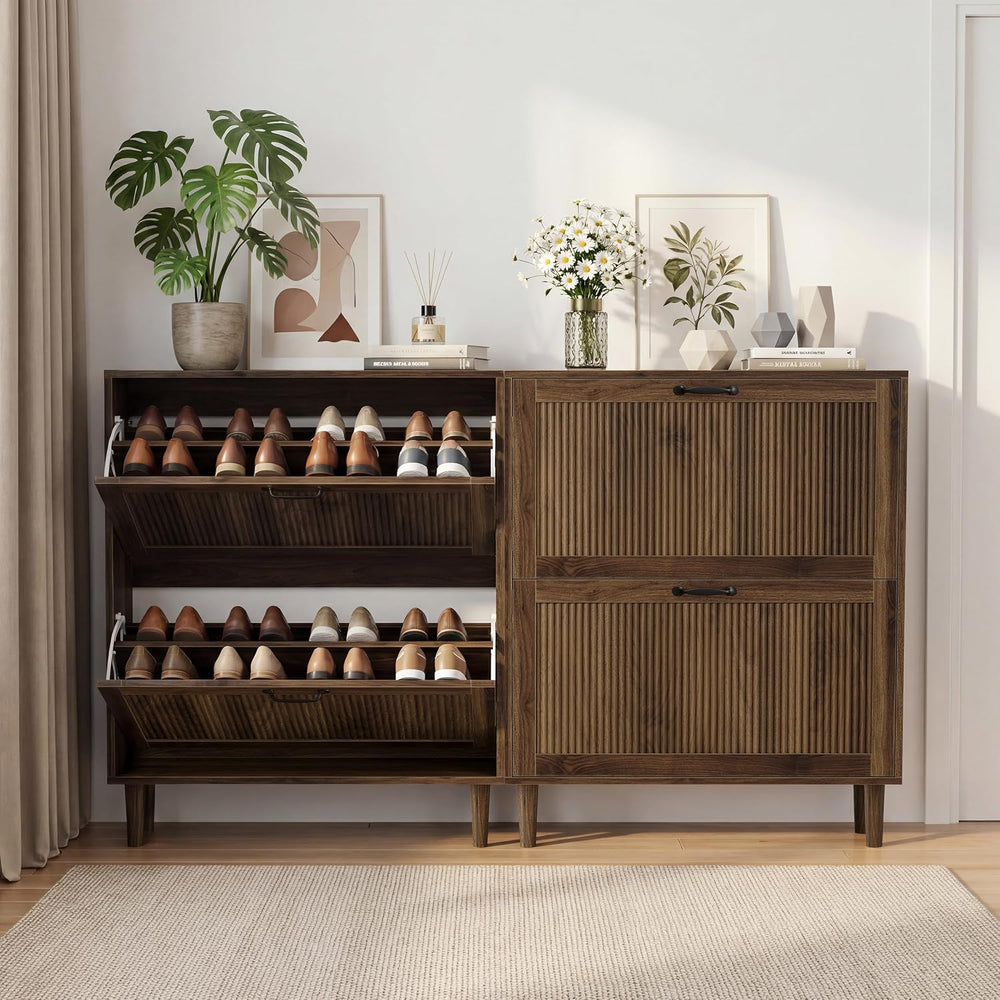 Smuxee Walnut Shoe Cabinet with 2 Flip Drawers, 31.5" Hidden Shoe Storag...