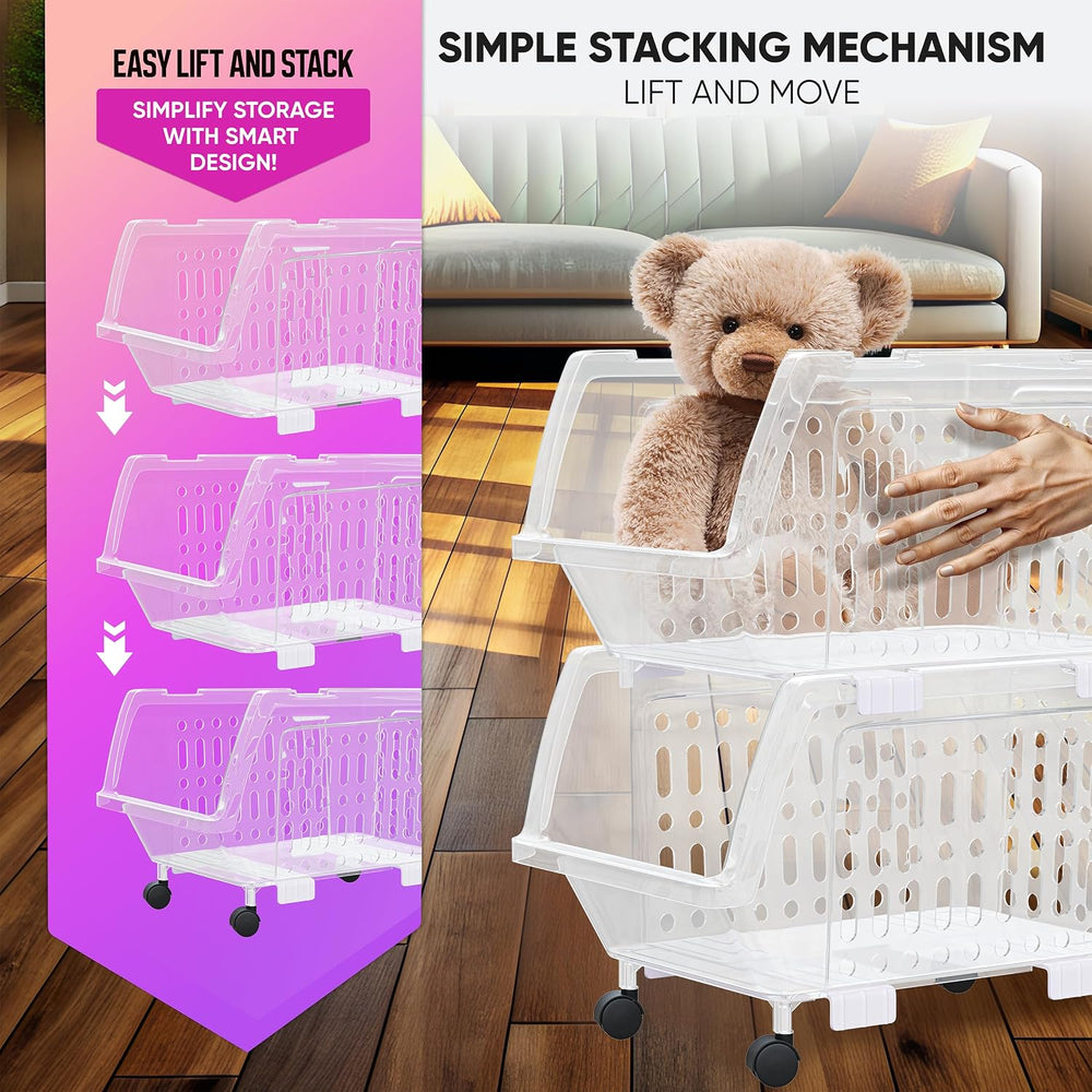 Small Stackable Storage Bins Open Front with Wheels, 4 Pack - Clear