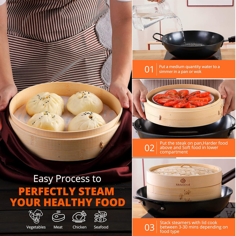 KitchenCrust Bamboo Steamer Basket 10 Inch, 2 Tier Dumpling Steamer Set